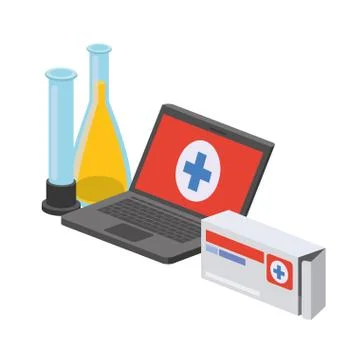 Laptop and laboratory instruments isolated icon Illustrazione stock