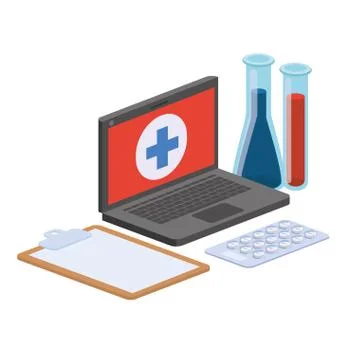 Laptop and laboratory instruments isolated icon Illustrazione stock