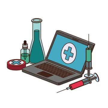 Laptop and laboratory instruments isolated icon Illustrazione stock