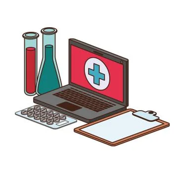 Laptop and laboratory instruments isolated icon Illustrazione stock
