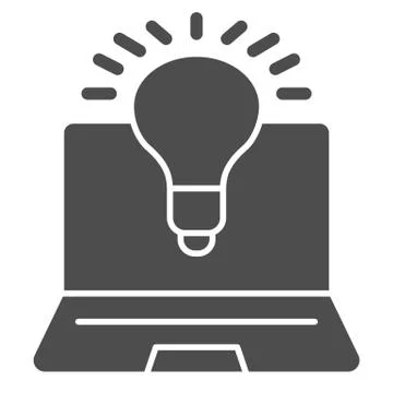 Laptop and lamp solid icon, Coworking concept, laptop with idea and innovation Stock Illustration