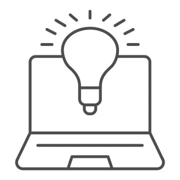 Laptop and lamp thin line icon, Coworking concept, laptop with idea and Stock Illustration