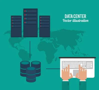 Laptop and map icon. Data center design. Vector graphic Illustrazione stock