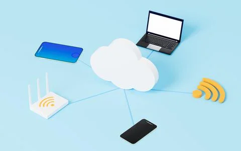 Laptop and mobile, cloud computing concept, 3d rendering. 스톡 일러스트