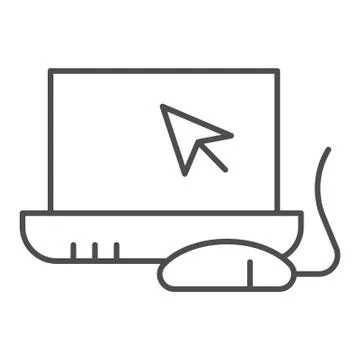 Laptop and mouse thin line icon. Notebook monitor with cursor and mouse 스톡 일러스트