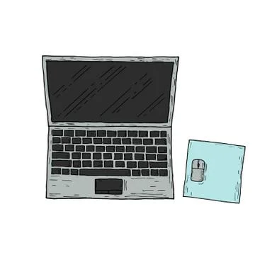 Laptop and mouse. Vector cartoon illustration. Hand-drawn style. Top view. Stock Illustration
