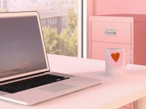Laptop and mug with adhesive note on desk at home office Stock Illustration