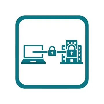 Laptop and office building secure link icon showing business network security Stock Illustration