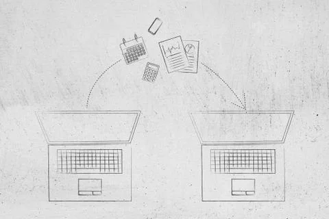 Laptop and office objects with arrow moving from one to the other Stock Illustration