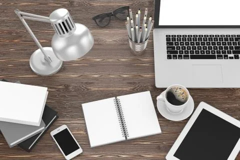 Laptop and office stuff, workplace, top view Illustrazione stock