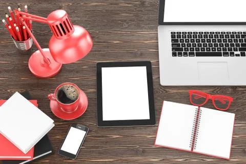 Laptop and office stuff, workplace, top view Illustrazione stock
