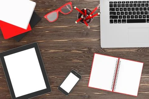 Laptop and office stuff, workplace, top view Stock-Illustration