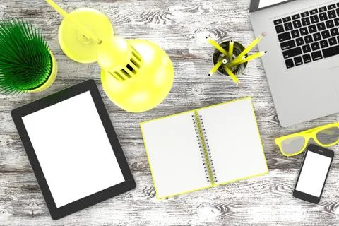 Laptop and office stuff, workplace, top view Illustrazione stock