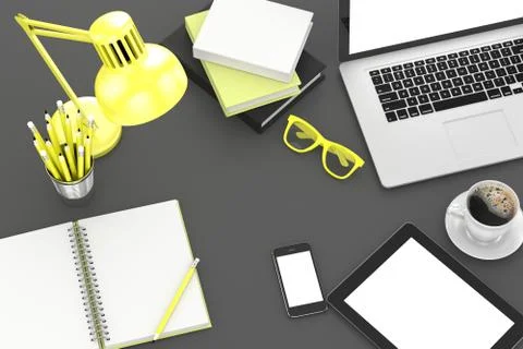 Laptop and office stuff, workplace, top view Stock Illustration