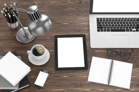 Laptop and office stuff, workplace, top view Stock Illustration