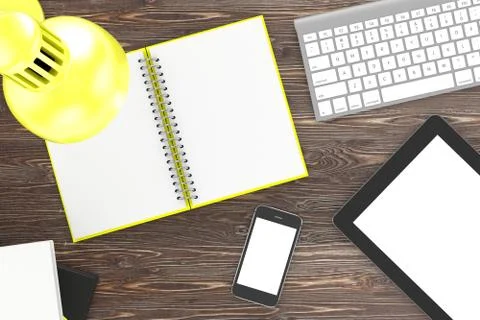 Laptop and office stuff, workplace, top view Illustrazione stock