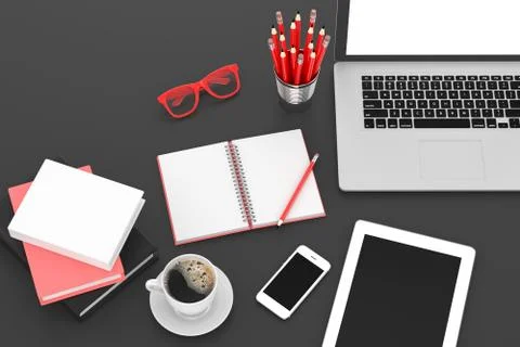 Laptop and office stuff, workplace, top view Stock Illustration