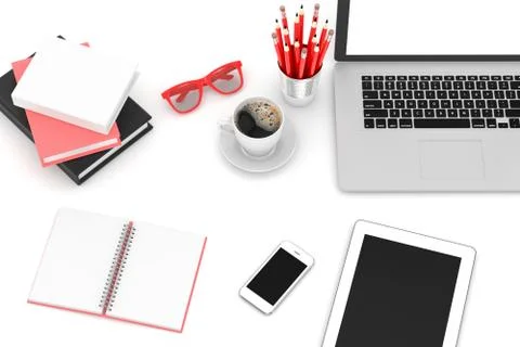 Laptop and office stuff, workplace, top view Illustrazione stock