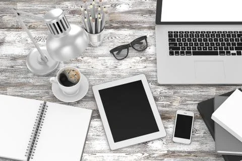 Laptop and office stuff, workplace, top view Stock Illustration