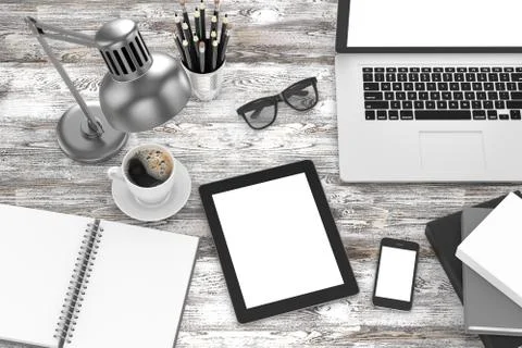 Laptop and office stuff, workplace, top view Stock-Illustration