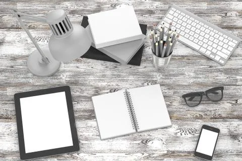 Laptop and office stuff, workplace, top view Illustrazione stock