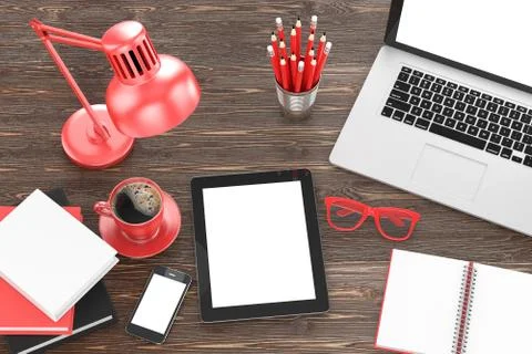 Laptop and office stuff, workplace, top view Stock Illustration