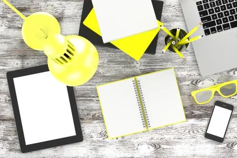 Laptop and office stuff, workplace, top view Stock Illustration