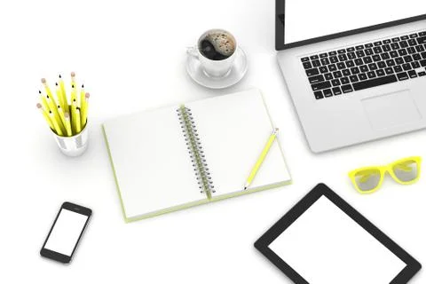 Laptop and office stuff, workplace, top view Stock Illustration