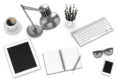Laptop and office stuff, workplace, top view Stock-Illustration