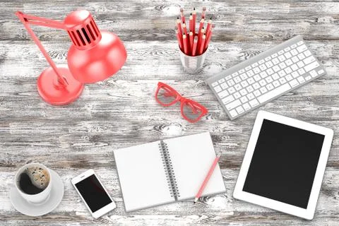 Laptop and office stuff, workplace, top view Stock Illustration