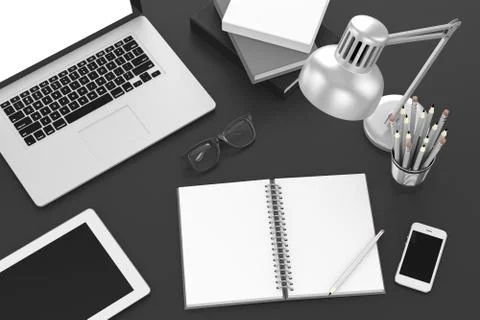 Laptop and office stuff, workplace, top view Stock-Illustration