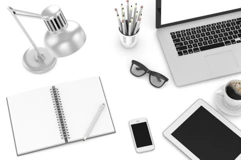 Laptop and office stuff, workplace, top view Illustrazione stock