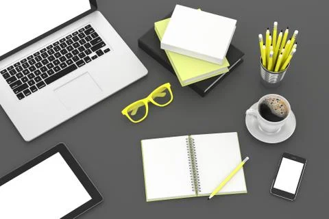 Laptop and office stuff, workplace, top view Illustrazione stock