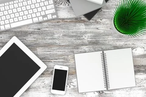 Laptop and office stuff, workplace, top view Stock Illustration