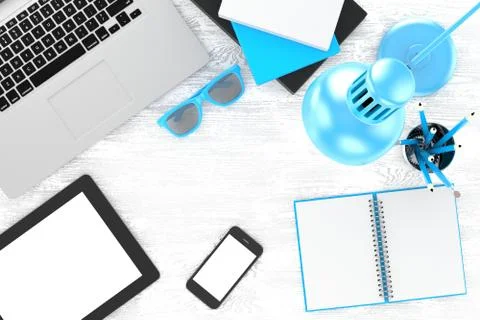 Laptop and office stuff, workplace, top view Stock Illustration