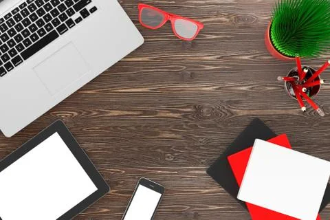 Laptop and office stuff, workplace, top view Stock Illustration