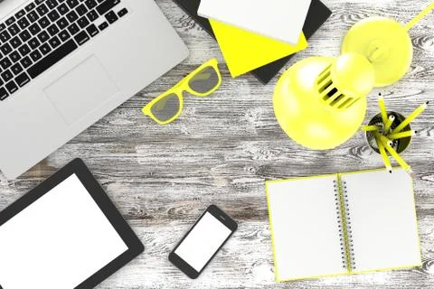 Laptop and office stuff, workplace, top view Stock Illustration
