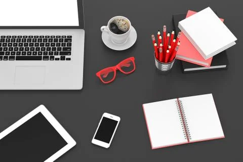 Laptop and office stuff, workplace, top view Stock Illustration