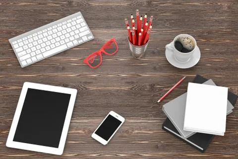 Laptop and office stuff, workplace, top view Illustrazione stock