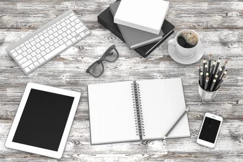 Laptop and office stuff, workplace, top view Stock-Illustration