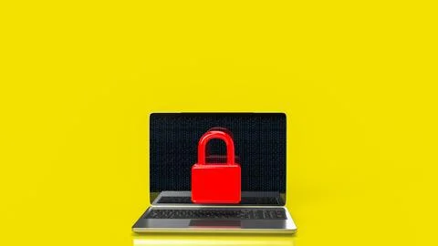 The laptop and red master key for it security concept 3d rendering. Stock Illustration