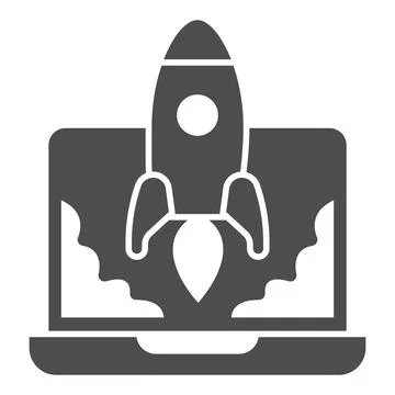 Laptop and Rocket Launch solid icon, startup concept, Site launch sign on white Illustrazione stock
