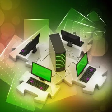 Laptop and server connect in puzzles Stock Illustration