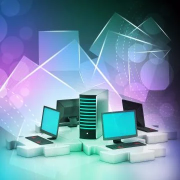 Laptop and server connect in puzzles Stock Illustration