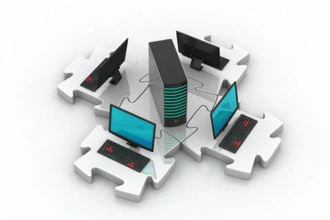 Laptop and server connect in puzzles Free Stock Illustration