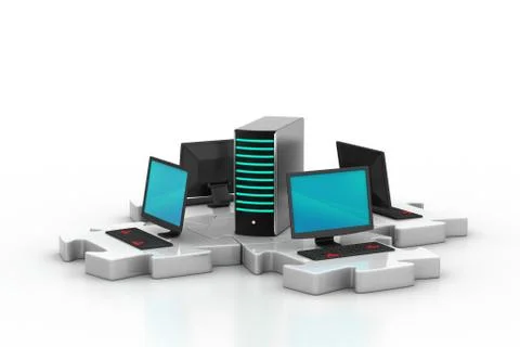 Laptop and server connect in puzzles Free Stock Illustration
