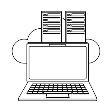 Laptop and servers cloud computing black and white Illustrazione stock
