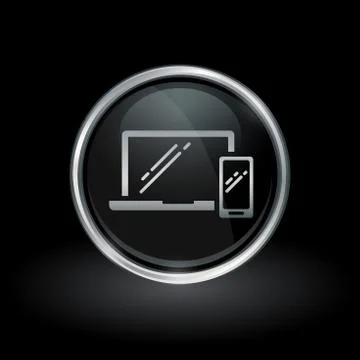 Laptop and smartphone icon inside round silver and black emblem Stock Illustration
