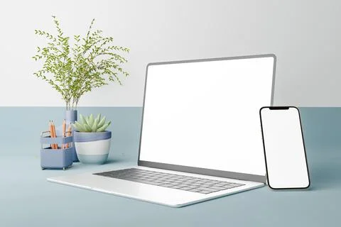 Laptop and smartphone placed on table blue and white background. Stock Illustration