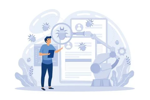 Laptop and software assisting in testing process, tiny people testers. Auto.. イラスト素材